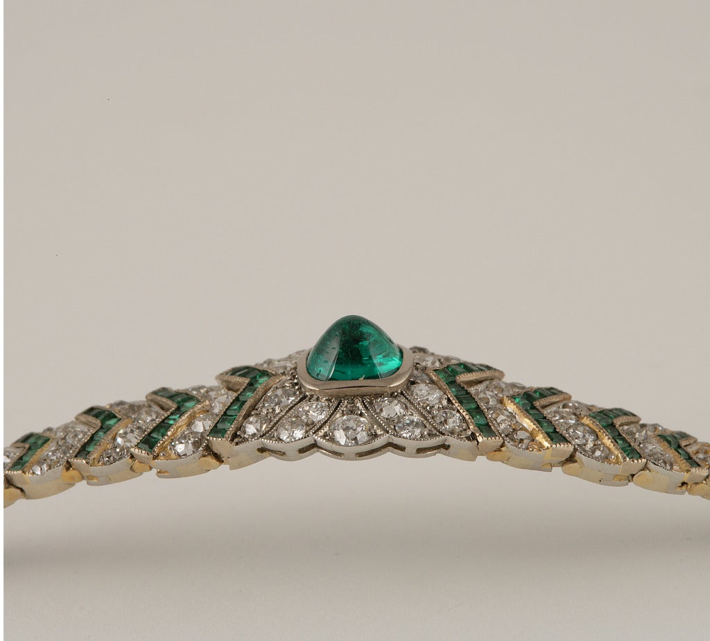 Edwardian 1920's Art Deco Diamond Emerald and Platinum Bracelet