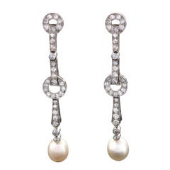 Art Deco Natural Pearl Diamond Platinum Ear Pendants