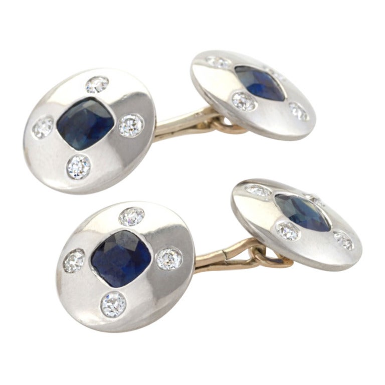 1930's Art Deco Blue Sapphire Diamond  Platinum Gold Double-Sided Cuff Links