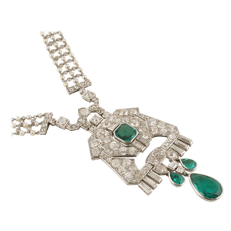 Cartier and Mauboussin Art Deco Pearl Emerald Diamond Sautoir