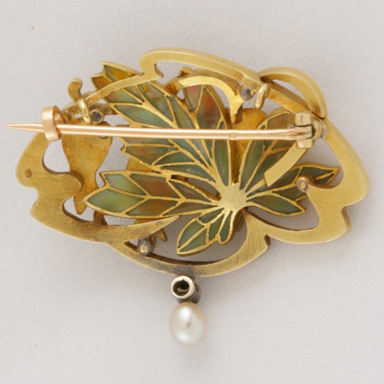 Women's Gaston Laffitte Art Nouveau Plique a Jour Enamel Opal Gold Pendant/Brooch