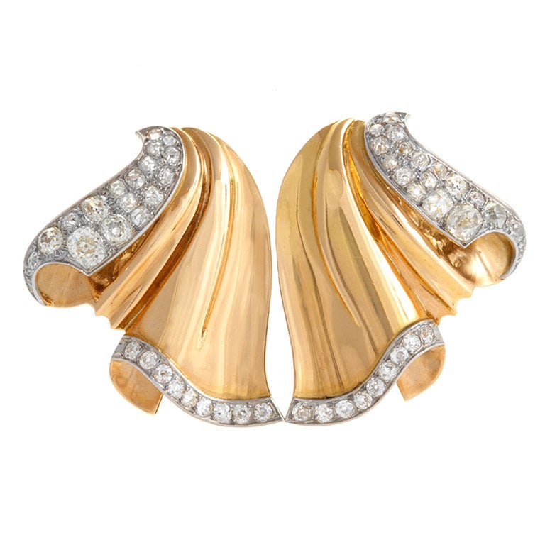 French Retro Diamond and Gold Double Clip/Brooch