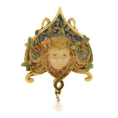 Louis Aucoc Art Nouveau Enamel Pearl Diamond Gold Brooch