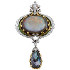 Pendentif broche opale diamant or platine Marcus & Co