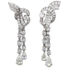 French Art Deco Waterfall Diamond Platinum Earrings