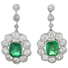 Edwardian Emerald Diamond Platinum Cluster Ear Pendants