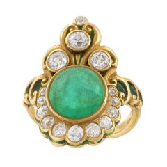 Antique American Art Nouveau Diamond, Emerald, Gold, and Enamel Ring