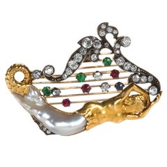 Victorian Baroque Pearl Emerald Ruby Diamond Silver-Topped Gold Brooch