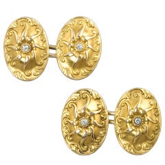 Art Nouveau Diamond Gold Double-Sided Oval Cufflinks