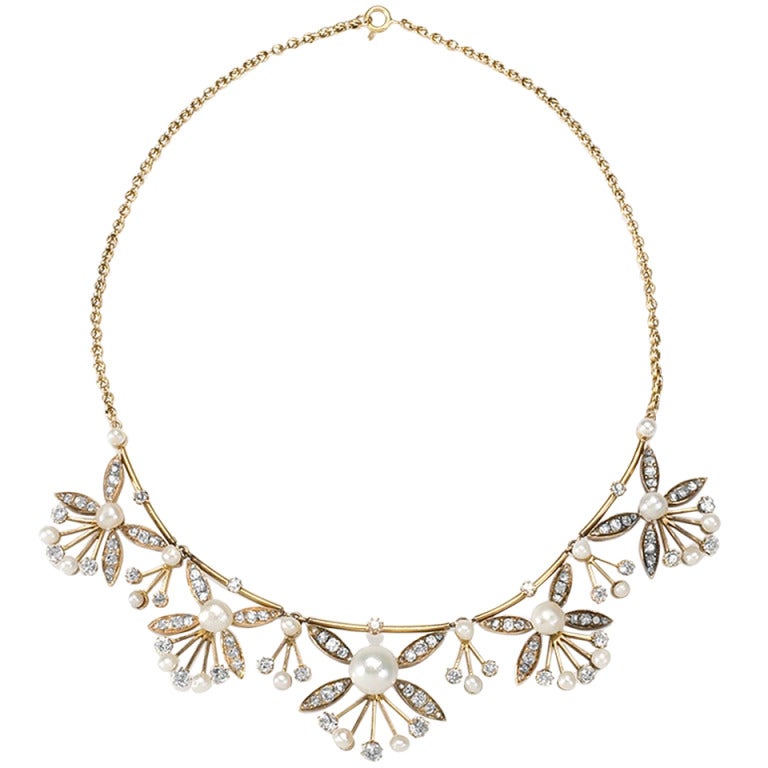 Edwardian Diamond, Pearl and Gold Necklace at 1stdibs