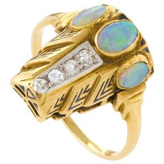 H. G. Murphy English Arts and Crafts Gold, Opal, Enamel and Diamond Ring
