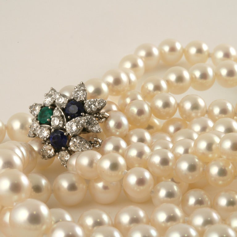 Tiffany & Co. Cultured Pearl Sapphire Emerald Diamond Necklace In Excellent Condition In New York, NY