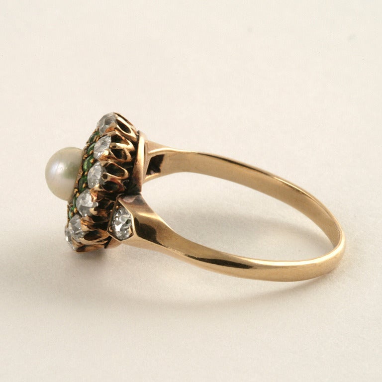 Antique Diamond, Demantoid Garnet and Pearl Cluster Ring