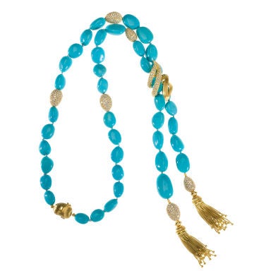 Henry Dunay Diamond, Turquoise Bead, Gold and Tassel Necklace
