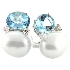Baroque Pearl and Aquamarine Ear Clips with Diamonds