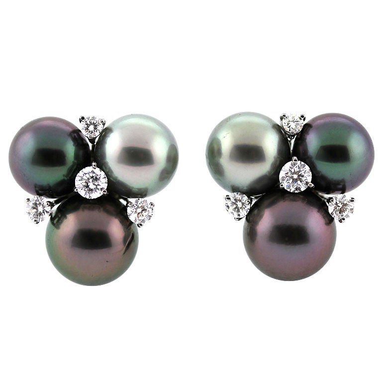 Tahitian Pearl and Diamond Ear Clips