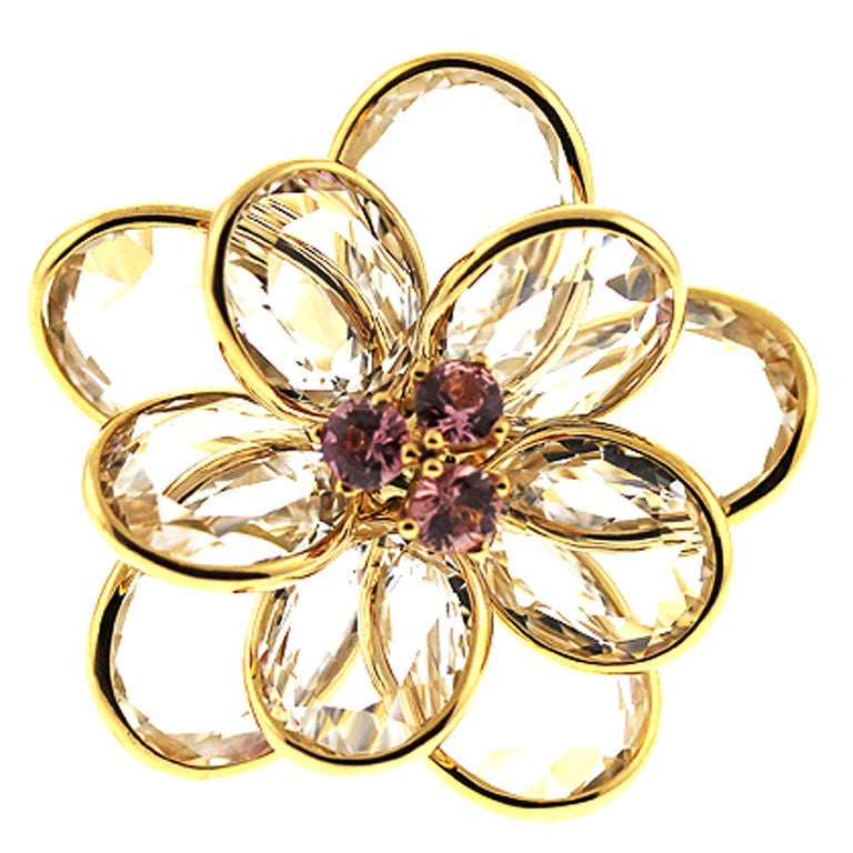 Rock Crystal Diamond and Pink Sapphire Flower Cocktail Ring at 1stDibs