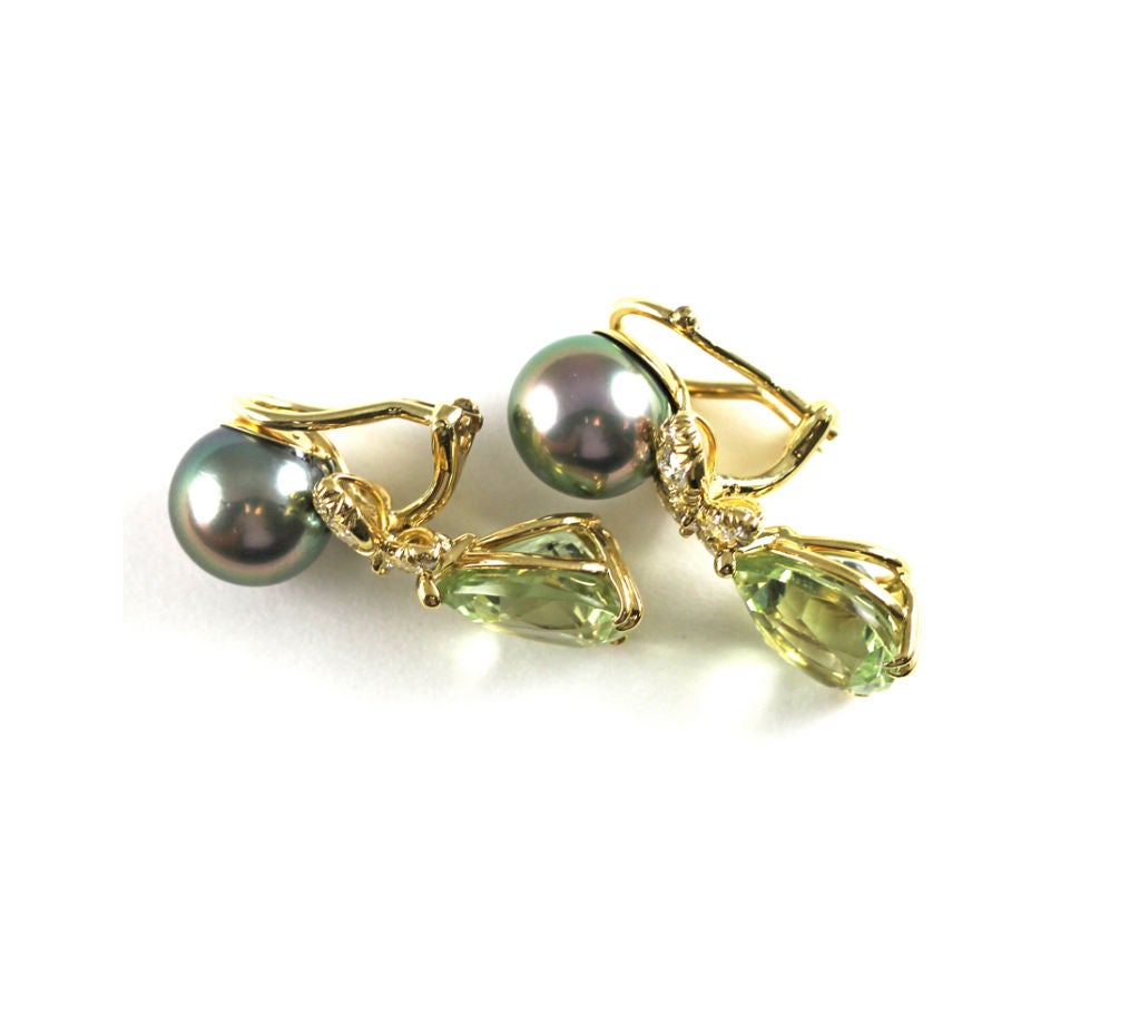 Green Beryl Tahitian Pearl Ear Clips