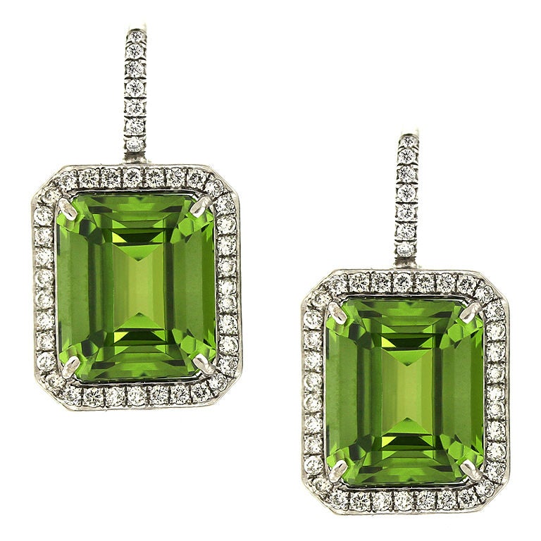 Emerald Cut Peridot Diamond Pave Earrings For Sale