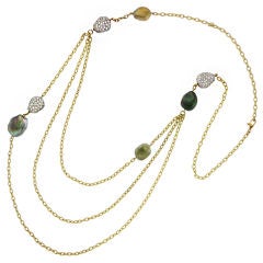 Triple Row Natural Color Keshi Pearl and Diamond Chain Necklace