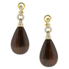 Natural Wood and Diamond Drop Ear Clips