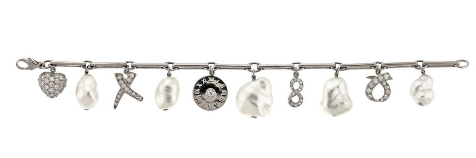 Diamond, Pearl Platinum Charm Bracelet
