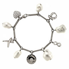 Diamond, Pearl Platinum Charm Bracelet