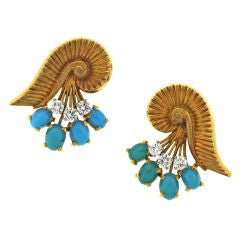 CARTIER Turquoise Diamond and Gold Ear Clips