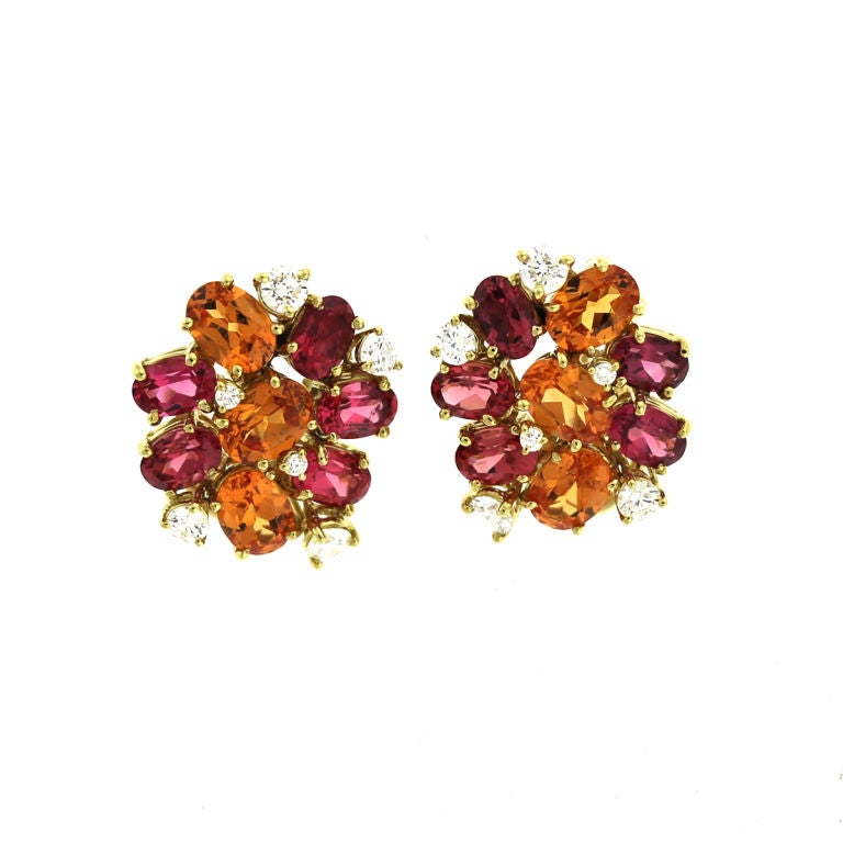"Confetti" Spinel, Mandarin Garnet and Diamond Ear Clips