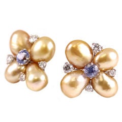 Lively Diamond Golden Keshi Pearl Violet Sapphire Ear Clips