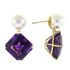 Donna Vock Asscher Cut Amethyst And South Sea Pearl Earrings
