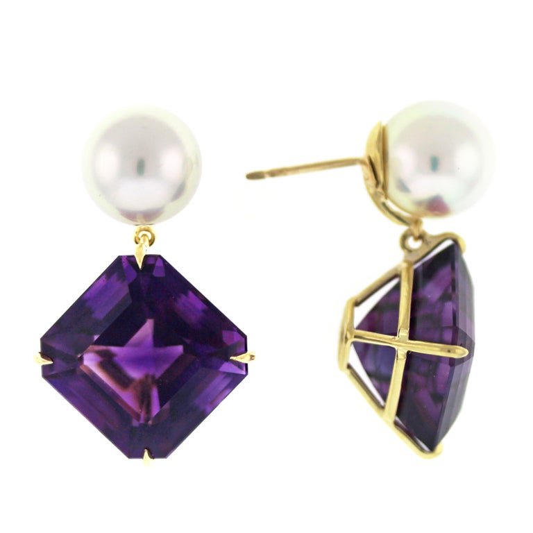 Donna Vock Asscher Cut Amethyst And South Sea Pearl Earrings For Sale
