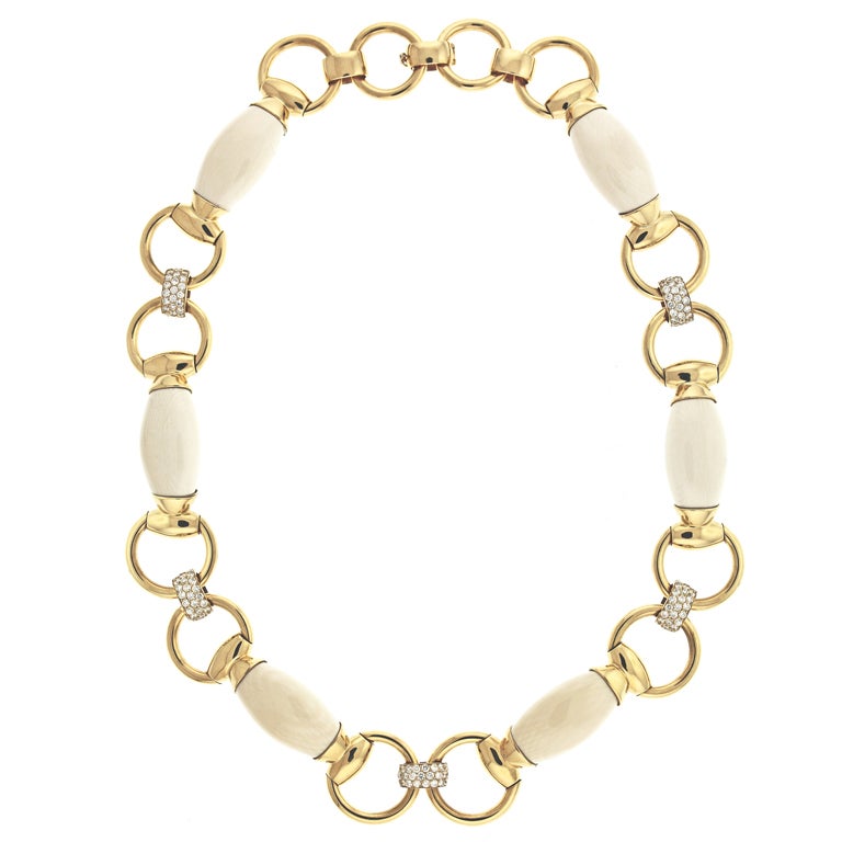 Diamond and Mammoth Ivory Link Necklace For Sale