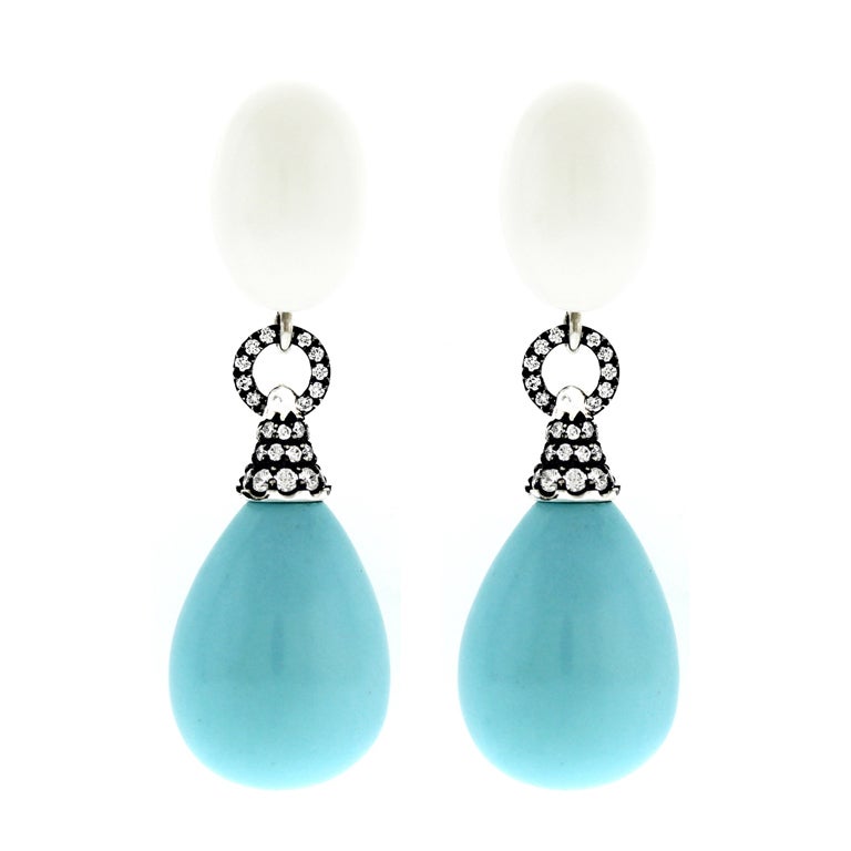 "Sara" Turquoise and White Coral Diamond Ear Clips For Sale