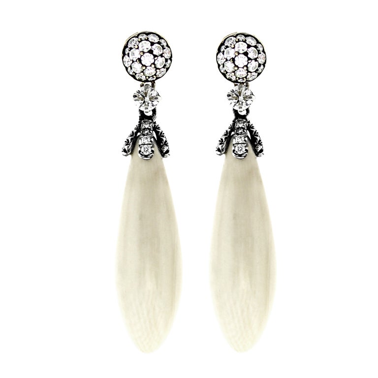 Diamond and Mammoth Ivory Drop Earrings For Sale