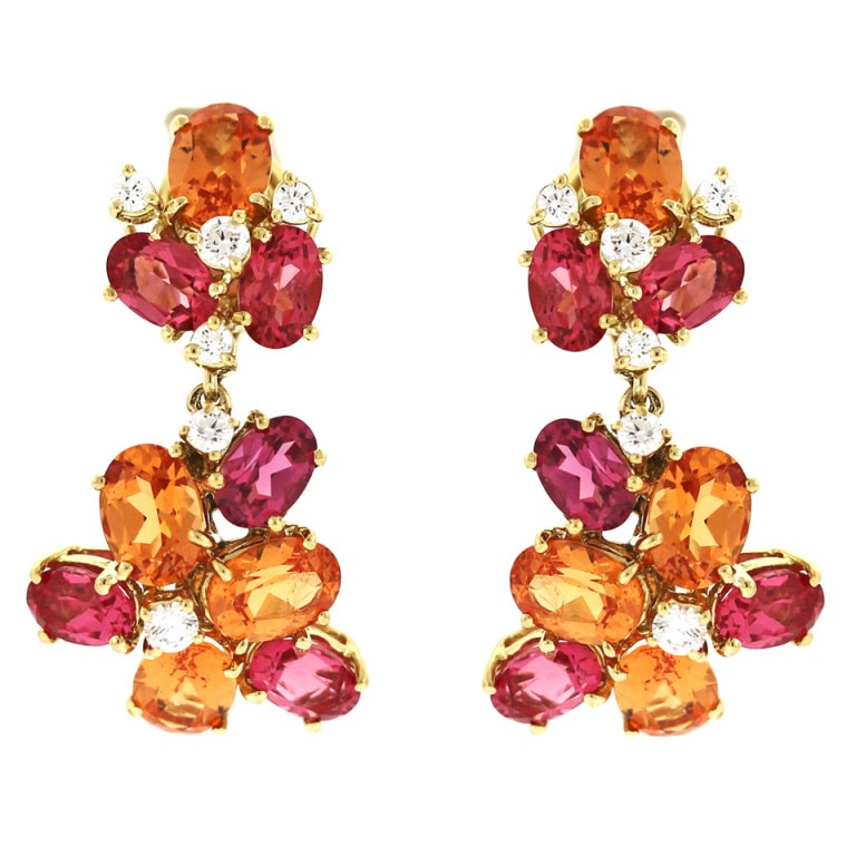 "Marguerite" Diamond Mandarin Garnet and Spinel Ear Clips For Sale