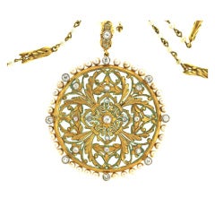 Art Nouveau Diamond and Pearl Pendant with Chain