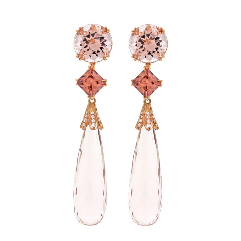 "Halley" Spectacular Morganite and Diamond Ear Clips For Sale