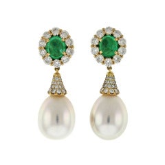 Pearl Drop Cabochon Emerald Diamond Ear Clips