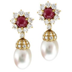 Classic Cab Ruby, Diamond and  Pearl Drop Earrings