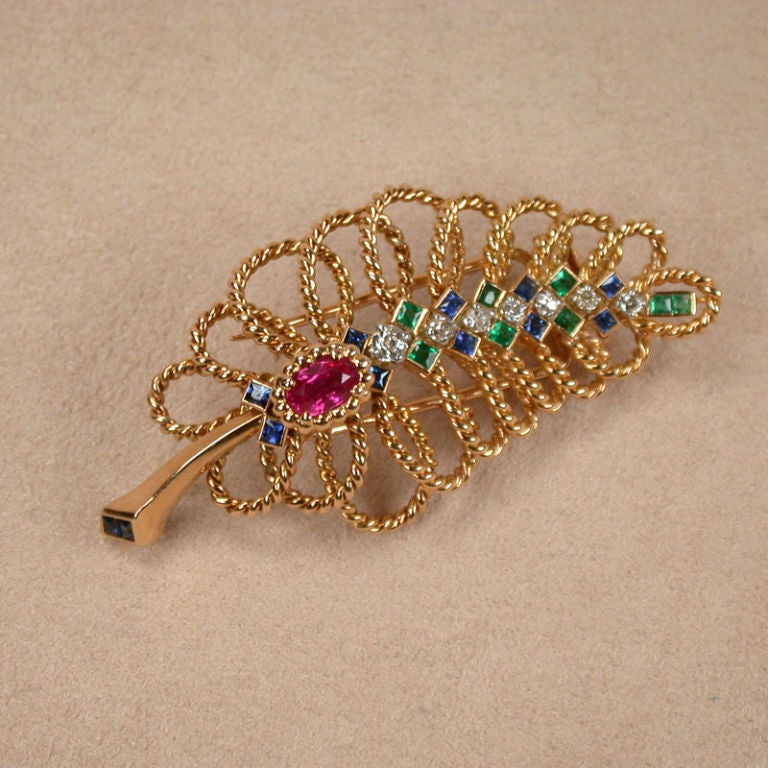 CARTIER PARIS Gem Set Gold Leaf Pin