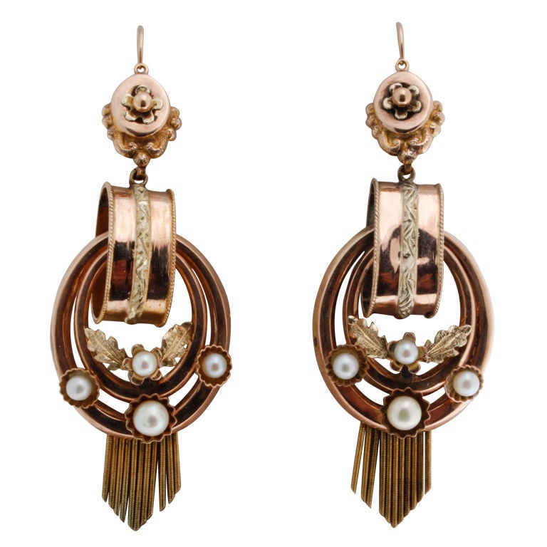 Stunning Victorian Tri-Color Gold Earrings with Pearls For Sale