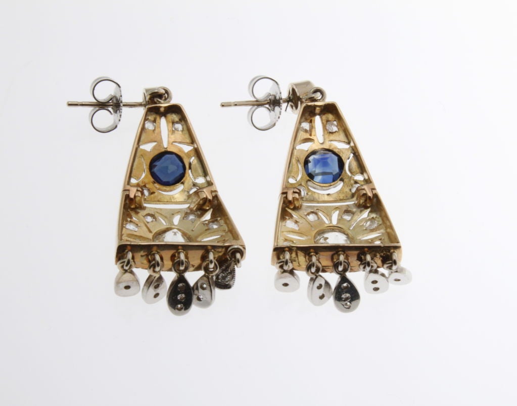 Women's Art Deco Diamond & Sapphire Drops in Platinum on Gold For Sale