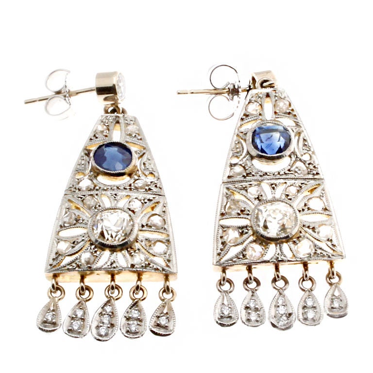 Art Deco Diamond & Sapphire Drops in Platinum on Gold For Sale