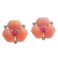 Coral & Burma Ruby Earrings with Diamonds in 18kt Gold