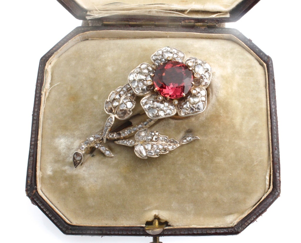 Early Tourmaline Flower Brooch with Diamonds