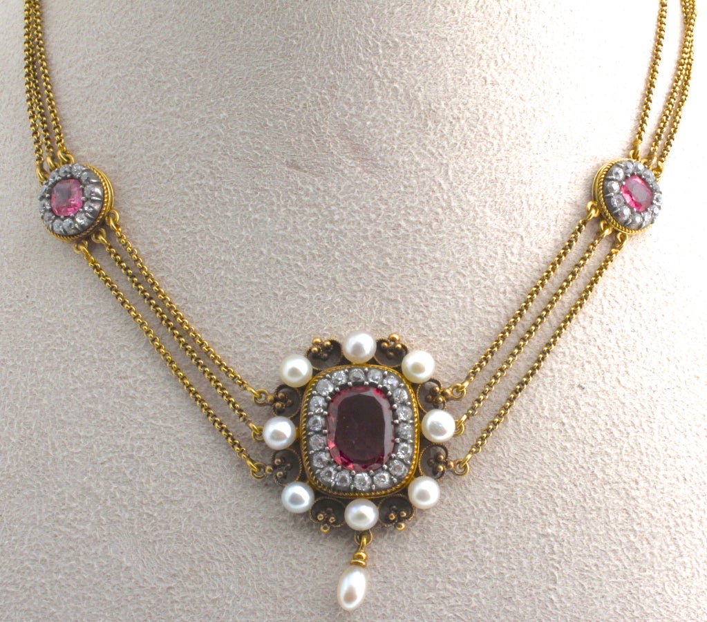Women's Stunning Victorian Pink Tourmaline Diamond Necklace in 18kt For Sale