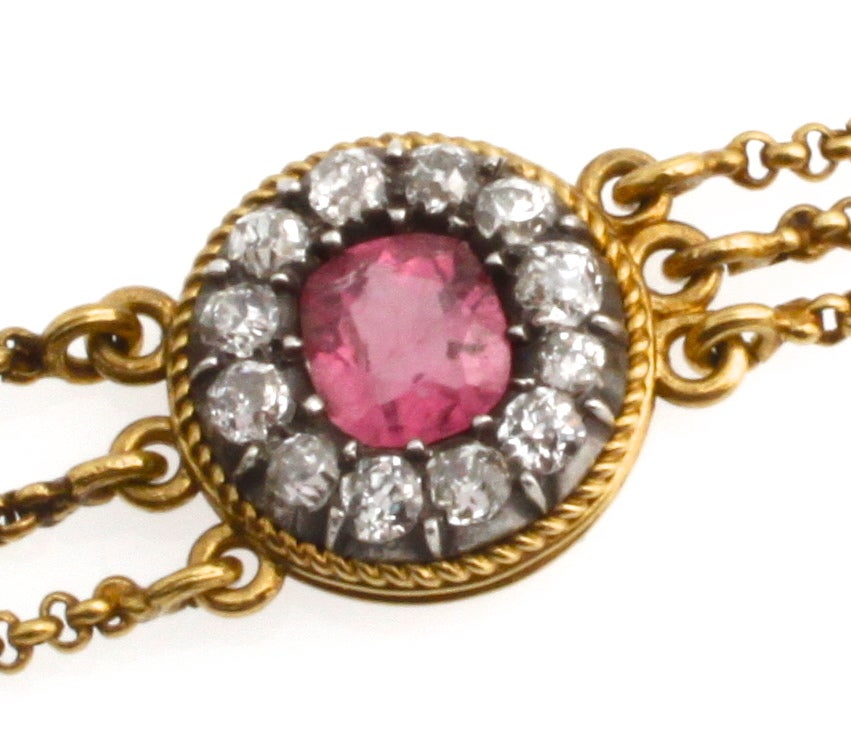 Stunning Victorian Pink Tourmaline Diamond Necklace in 18kt For Sale 1