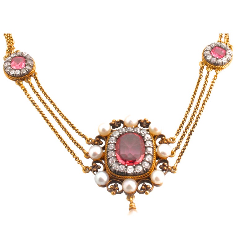 Stunning Victorian Pink Tourmaline Diamond Necklace in 18kt For Sale