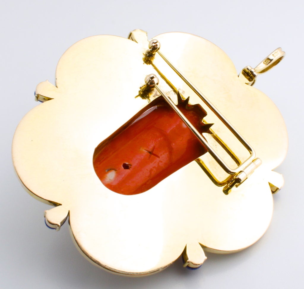 Chic Coral Buddha and Diamond Pendant in 14kt Gold